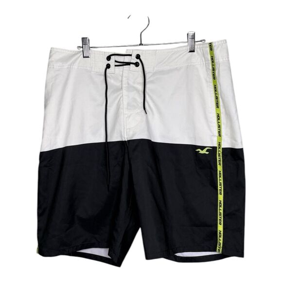 Hollister board shorts tie waist size 34 white black neon yellow NWT - Picture 1 of 8